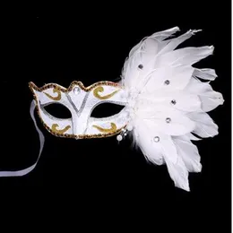 Venetian Masquerade Mask on Stick Mardi Gras Costume Eyemask Halloween Carnival Hand Holding Stick Feathers Party Mask270V