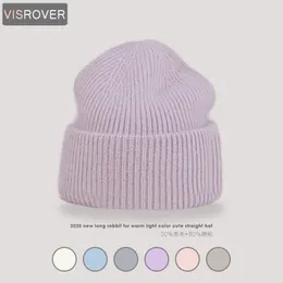 Beanie / Skull Caps Visrover 9 Cores Unissex Cor Sólida Real Rabbit Fur Beanies Chapéu de Inverno para Mulher Knit Bonnet Acrílico Mulher Outono Quente Skullies 230915