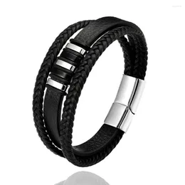 Charm Bracelets 2023 Punk Bracelet Hand Weave 3 Black Leather Stainless Steel Magnetic Clasp Bangles Men's Friendship Gift