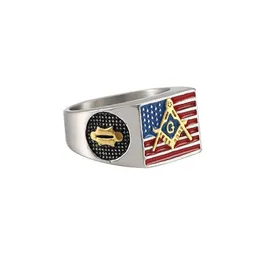 Cluster-Ringe Herren Edelstahl 18 Karat vergoldet Farbe Epoxidharz Amerikanische Flagge Mauerwerk Freimaurer-Logo Gravierte Drop Lieferung Schmuck Ring Dh4Uf