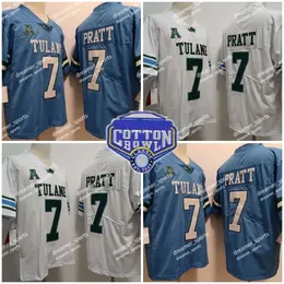 College 7 Michael Pratt Football Jersey Mens Tulane University College Azul Branco Masculino Costurado Algodão