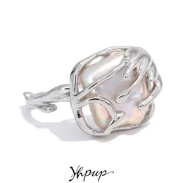 Anéis de casamento Yhpup Luxo Natural Pérola de Água Doce S925 Sterling Silver Anel Criativo Aberto Ajustável para Mulheres Moda Elegante Jóias Presente 230915