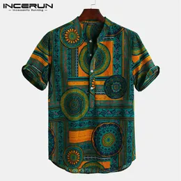 Hommes chemise Style ethnique imprimé manches courtes col montant Camisa Masculina décontracté hauts Streetwear hommes chemises hawaïennes 2019 INCERUN336T