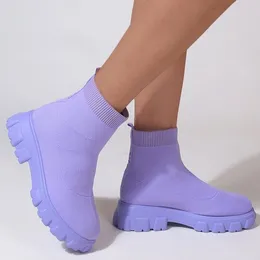 Designer Casual Women Socks Boots Solid Color Platform Black Pink Purple Slip On Womens Knit Ankle Boots Bekväma tränare Sneakers Storlek 35-43