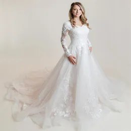 High Quality Lace Tulle Modest Wedding Dresses With Long Sleeves Sweetheart Neckline Buttons Back Country Western Bridal Gowns Mod278I