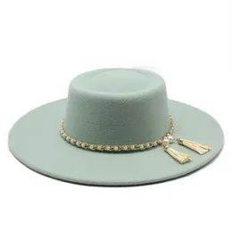 Summer Simple Solid Color Wool Felt Jazz Fedora Hats with Chain Men Women Wide Brim Panama Trilby Cap Autumn winter289j