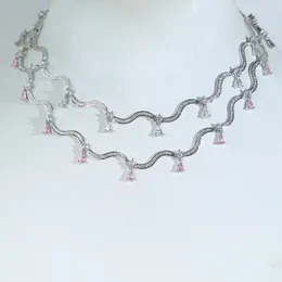 Welle S-förmige rosa weiße Wassertropfen Zirkon Charm Anhänger Halskette mit Seilkette Hip Hop Frauen Männer voll gepflastert 5A Kubikzirkonia tägliches Geschenk Schmuck