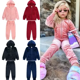 Kleidungssets 2023 Winter Essentials Kleine Mädchen Jungen Kleidung Goldener Samt Trainingsanzug 2 Stück Set Reißverschluss Mantel Hosen Hoodies Outfits Anzug 9M 13Y 230914