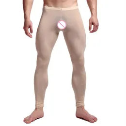 Sexiga män genomskinliga byxor silkeslen tights mjölkfiber leggings byxor långa Johns underkläder u konvexa fickmens brottning singlet331s