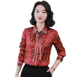 2023 Classic Lapel Striped Button Shirt Women Fashion Print Designer Silk Bluses Long Sleeve Office Ladies Ribbon Bow Shirts Spri2990