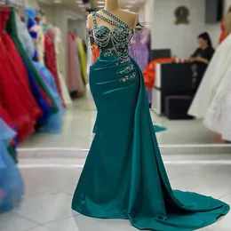 2023 Aso Ebi Arabic Hunter Green Mermaid Prom Dress Crystals Lace Evening Formal Party Second Reception Födelsedagsengagemang Klänningar 278K