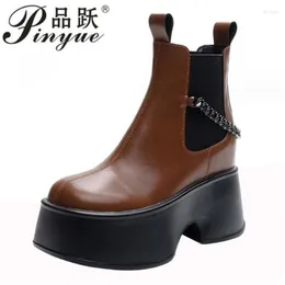 Boots 11cm Genuine Leather Punk Gothic Chunky Platform Ankle Women Autumn Metal Chain Woman Motorcycle 33 39