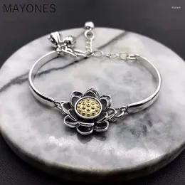 Link Bracelets Real 925 여성을위한 스털링 실버 연꽃 뱅글 빈티지 회전식 팔찌 Manchette Femme