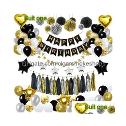 Decoración de fiesta Partybox Black Gold Set Globos Banderas Borlas Flores Estrellas - Perfecto para regalos de cumpleaños Entrega de entrega Home Garden Dhf6X