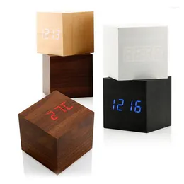 Table Clocks Modern Cube Wooden Digital LED Desk Voice Control Alarm Clock AU