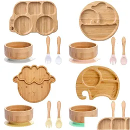 Koppar rätter redskap 4st bambuplatta sätter baby matning skål trä barn leverans sked gaffel för bordsarten sug kopp droppleverans dhptg