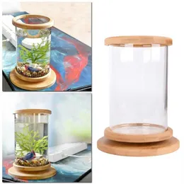 Akvarier 360 grader roterande glas betta fiskbehållare bambu bas mini dekoration rotera skål akvarium tillbehör för kontor279v