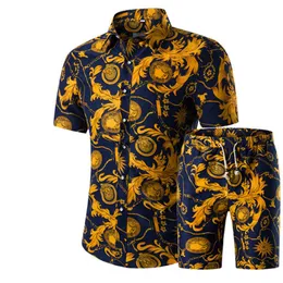 Camisas masculinas shorts definir novo verão casual impresso camisa havaiana homme curto masculino impressão vestido conjuntos de terno plus size289a