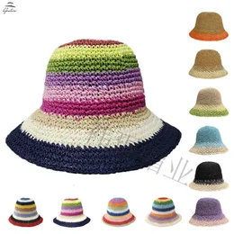 Ampla Brim Chapéus Balde Moda Verão Mulheres Palha Arco-íris Crochet Dobrável Feitiço Cor Pura Protetor Solar Praia Sun Caps Atacado 230915