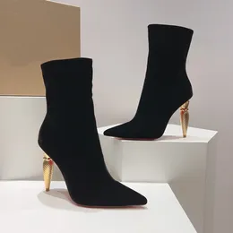 Stivali da donna di alta qualità Veet alla caviglia in metallo con tacco alto e zip, stivali a punta, scarpe da sera, scarpe da donna, designer, moda, scarpe da festa, calzature di fabbrica