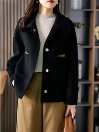 Mulheres misturas de lã primavera outono curto lã blende casaco coreano moda grandes bolsos singlebreasted outerwear jaqueta feminina 230914