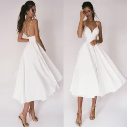 Abito da sposa corto sexy 2021 spalline sottili incrociate semplice scollo a V abiti da sposa in raso una linea abiti da noiva abito da sposa188n