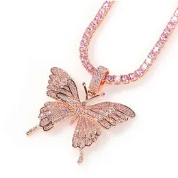 Collana con pendente a farfalla rosa in oro rosa ghiacciato, catena da tennis scintillante da 4 mm, con micro pavé di zirconi cubici, diamanti, gioielli hip-hop, consegna a goccia