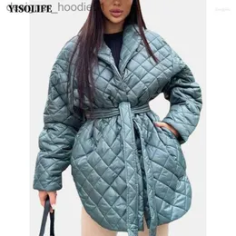 Women's Down Parkas Women's Jackets YISOLIFE Winter Quilted Jacket For Women Mid-length Diamond Padded Lightweight Outerwear Wrap Coats With Tie Waist Belt L230915