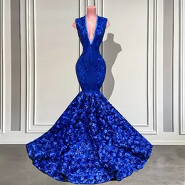 Elegant Sparkly V-hals Royal Blue Sleeveless 3D Rose Mermaid Prom Dress Long Sequined Black Gala Gala Evening Party Wear Gowns CU312V