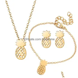 Bracelet Earrings Necklace Fashion Pineapple Jewelry Set Hollow Fruit Pendant Stud Sets For Women Individuality Drop Delivery Dhqz4