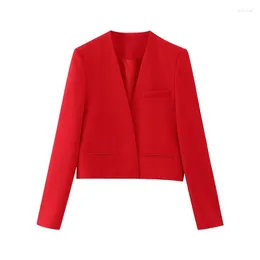 Женские костюмы YENKYE, женский красный укороченный блейзер без воротника, винтажный женский офисный костюм с длинными рукавами, пальто