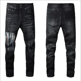 23SS Designer Jeans Mens denim broderi byxor mode hål byxa oss storlek 28-40 hiphop nödställda dragkedja byxor för manlig 20316h