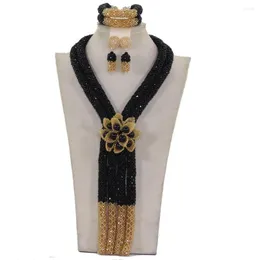 Halsbandörhängen Set Exclusive Long Black Gold African Wedding Beads Jewelry 2023 Bridal Flower Statement We093