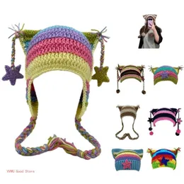 Beanie / Skull Caps Y2K Handmade Cat Ear Shape Hat Knit Winter Windproof Hat com Dangle Pompons 230915
