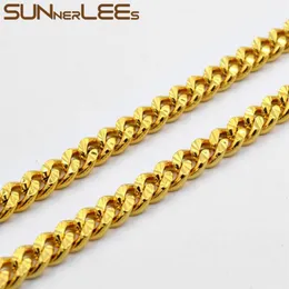 Chains SUNNERLEES Fashion Jewelry Gold Plated Necklace 6mm Curb Cuban Link Chain Shiny Flower Printing For Men Women Gift C78 N3154