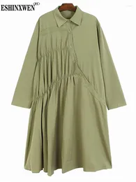 Casual Dresses Eshin 2023 Autumn Women Apricot Pleated Big Size Midi Shirt Dress Lapel Long Sleeve Loose Fit Fashion TH4785