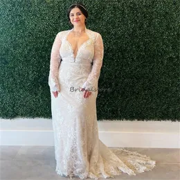 Large Size Full Lace Wedding Dress 2023 Elegant Long Sleeve Mermaid Boho Beach Bride Dress Women Custom Fairy Invite Garden Gown Vestido De Noiva Casamento Chic