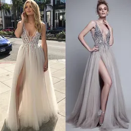 2018 sexy grogeous sheer frisado topo com decote em v vestido de baile vestido de baile longo tira lantejoulas contas mix tule vestido de festa sem costas spl242t