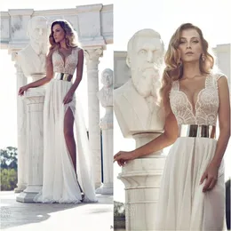 Exquisite Beading Julie Vino In Stock Wedding Dresses Ivory V-Neck Gold Belt A-Line Side Slit Floor-length Chiffon Bridal Gowns234z