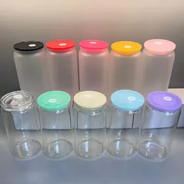 DHL ha sostituito i bicchieri con coperchio in plastica colorata per bicchiere di vetro da 16 once vuoto barattolo di vetro trasparente smerigliato Libby Can Cooler Cola Birra Lattine per alimenti 5 colori
