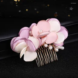 Grampos de cabelo floralbride artesanal pequeno pano rosa flor pérolas nupcial pente casamento headpieces acessórios feminino jóias