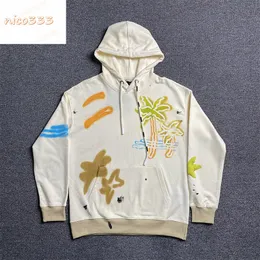 24SS Graffiti Fluorescent Coconut Tree Letters Impresso Algodão Loose Homens Versáteis e Mulheres Moda Casual O outono