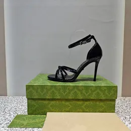 Designer Womens Dress Shoes Salto Preto 9cm Alto Luxo Couro Genuíno Strass Sapatos de Salto Alto Mulheres Casamento Noite Salto Fino Sapatos de Salto Alto 34-42