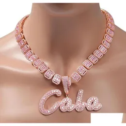 Nome personalizzato Pennello Script Lettera iniziale Collana con pendente Ghiacciato Bianco Rosa Cz Diamanti 18 pollici Baguette Catena da tennis Gioielli Hiphop Drop De