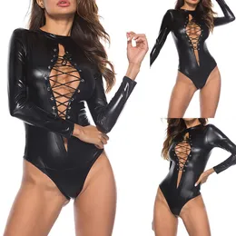 Women's Jumpsuits Rompers S5XL Plus Size Women Leather Bodysuit Long Sleeve Laceup Club Jumpsuit PU Romper Teddy Latex Catsuit Catwomen 230914