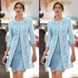 Impressionante 2019 Azul Claro Mãe da Noiva Vestidos de Renda com Jaqueta Jewel Neck Bainha Floral Renda e Cetim Convidado de Casamento Curto 2624