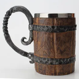 Barril de madeira resina de aço inoxidável 3d caneca de cerveja jogo tankard copo de café canecas de vidro de vinho 650ml tem gift2440