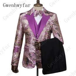 Gwenhwyfar violet Floral hommes costumes pour mariage dernières conceptions marié Tuxedos mode formelle bal 3 pièces costume veste gilet pantalon223r