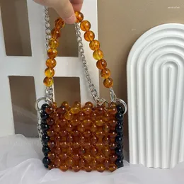 Evening Bags Handwoven Amber Vintage Beaded Handbag Acrylic Color Block Fashion Simple Chain Crossbody Mini Lipstick Wallet Women's Bag