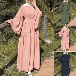 Roupas étnicas Muçulmano HijabDress para mulheres viajando férias lazer sino manga vestido longo com cinto e grande balanço